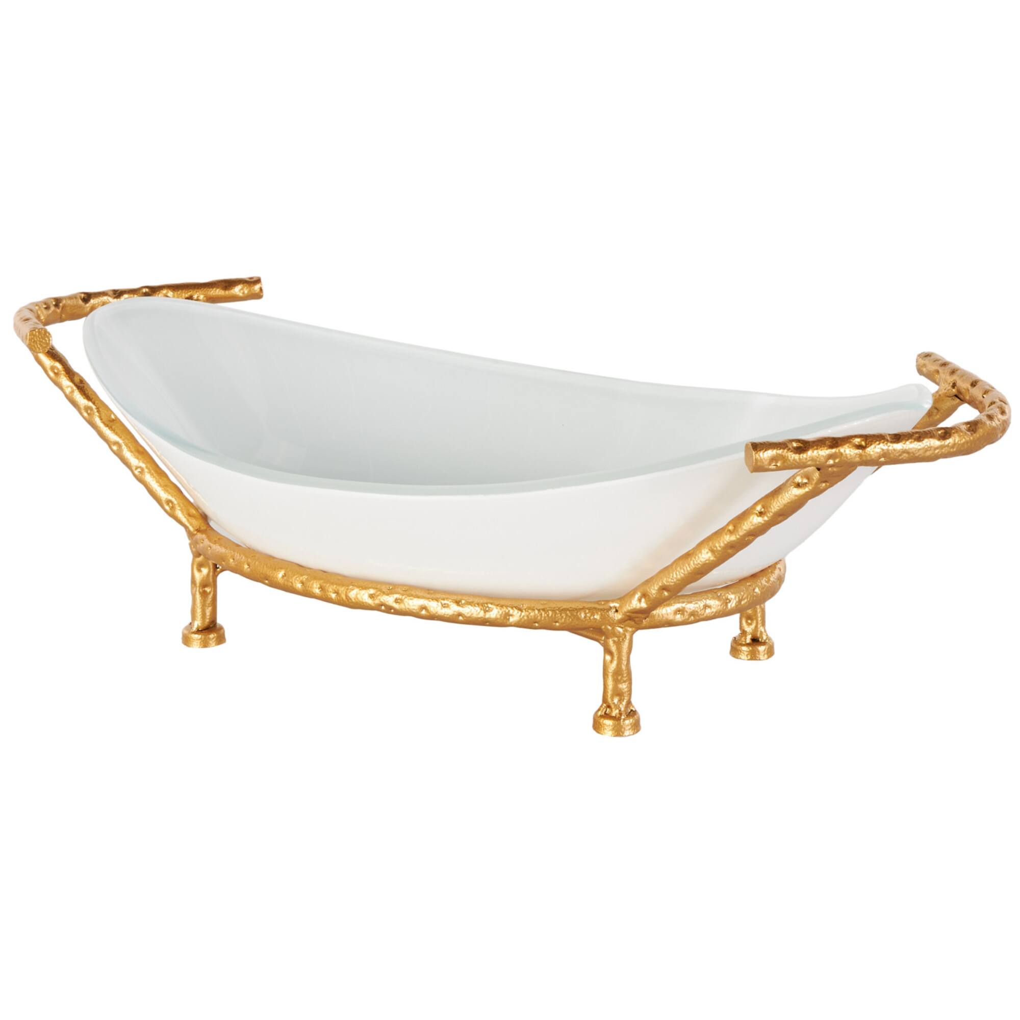 21" x 10" White Tempered Glass Kitchen Serving Bowl with Gold Metal Stand